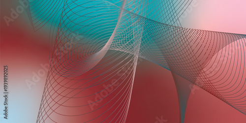 Abstract DarkSalmon, DarkRed and Teal glowing streams bending smoothly over a deep shadowy background with fine glittering particles, futuristic technology atmosphere, vector design.