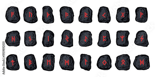 Set of hand drawn viking runes Rune stones with ancient norse alphabet characters engraved on them Scandinavian futhark germanic celtic Single element for design, print, web, decor