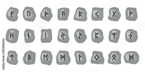 Set of hand drawn viking runes Rune stones with ancient norse alphabet characters engraved on them Scandinavian futhark germanic celtic Single element for design, print, web, decor