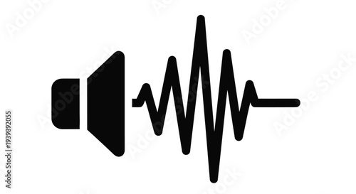 Black and white illustration of a sound wave and speaker icon