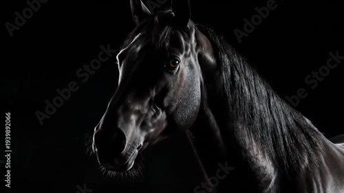 Black Horse Profile Dramatic Low Key Dark Fur Equestrian Portrait for Equine Advertising