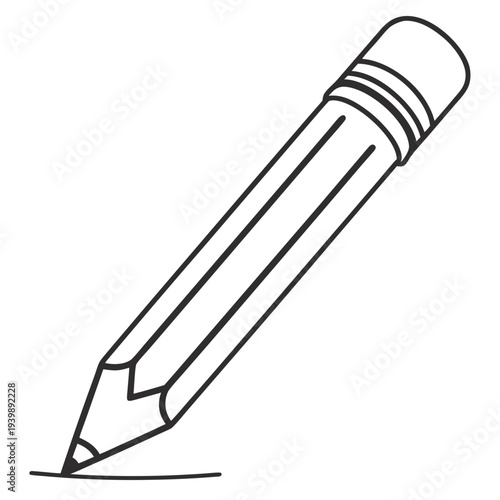 Simple line art drawing of sharpened pencil with eraser making a single stroke on white background, representing precise writing and drawing