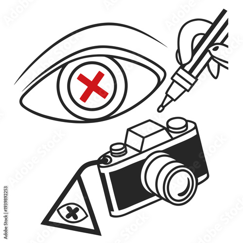Photography and privacy warning illustration featuring camera with eye symbol and forbidden cross representing no recording and surveillance limits