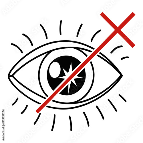 Stylized eye graphic with black pupil and red cross, diagonal red line obstructing vision, radiating lines signifying aura or energy, minimalist medical concept art.