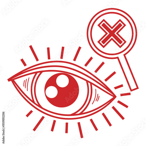 Red linear eye icon with magnifying glass showing cross symbol representing vision error problem and blurred sight isolated on white background art