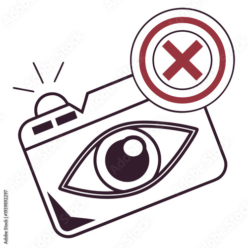 No photography with flash, camera with crossed out eye icon, warning about harmful light for vision, eye protection concept