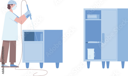 Medical laboratory technician performing endoscopy procedure with flexible scope equipment beside sterilization cabinet healthcare diagnostic technology flat vector illustration