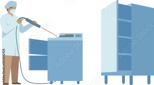 Medical technician cleaning endoscope equipment in hospital sterilization unit beside storage cabinet demonstrating healthcare hygiene and medical instrument maintenance