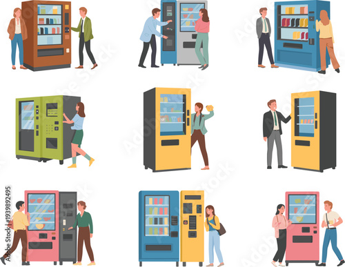 People buying snacks and drinks from colorful vending machines in public places, modern automatic retail service flat vector illustration
