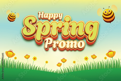 Happy Spring Promo Banner with Bees and Flowers