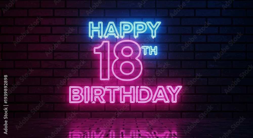 Obraz premium Happy 18th Birthday Glowing Neon 3D Typography Greeting Card, Modern Nightlife Event Poster