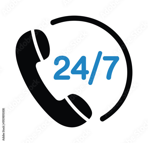 Blue vector phone icon with 24/7 text inside a circular frame