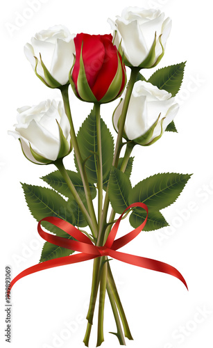 Bouquet of white roses with one red rose tied with red ribbon, floral arrangement, gift, love, valentine