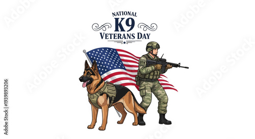 Illustration of a military soldier with a German Shepherd dog and American flag for National K9 Veterans Day, a symbolic representation of military working dogs and police K9 units.