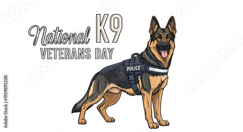 Tableau sur toile Illustration of a German Shepherd police dog wearing a vest on National K9 Veterans Day with a clean white background