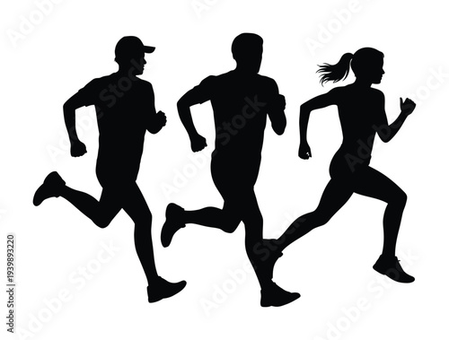 Vector silhouette of three people running in motion