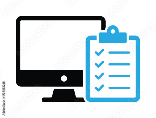 Computer monitor next to a clipboard with a checklist in vector style