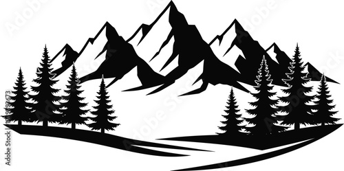 Mountain Landscape Vector Illustration Featuring Pine Tree Forest Wild Nature Scenery Black and White Peaks Outdoors Adventure and Winter Wilderness Design