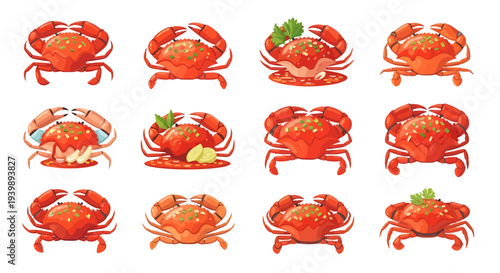 Set of Spicy Crab with Padang Sauce Illustration Vectors, Indonesian Seafood Culinary Graphic, Red Chili Crab Asian Food Collection