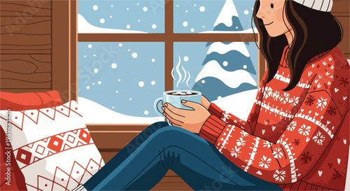 A woman in a cozy winter setting sits by a window, sipping hot coffee while gazing outside at snow-covered mountains through a pane with a warm and peaceful mood.