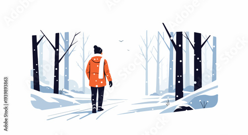 A person in an orange jacket walks along a snowy forest path with bare trees on both sides in a serene winter landscape.