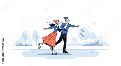 A cartoon couple ice skates together in a snowy winter landscape with trees in the background, wearing warm clothing and displaying a joyful mood with a flat, illustrative style.