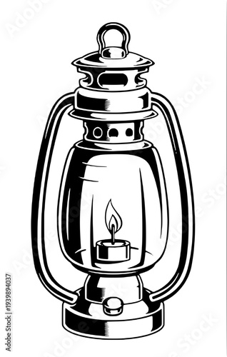 Minimal monochrome outline drawing of an old fashioned lantern with a lit candle inside, metal frame with glass panels, curved decorative top and hanging handle, simple coloring page style.”