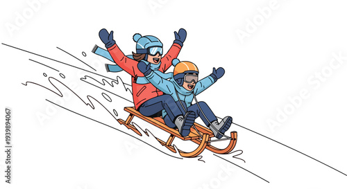 Two joyful children sledding down a snowy hill on a winter day with colorful clothing and a fun, dynamic pose.