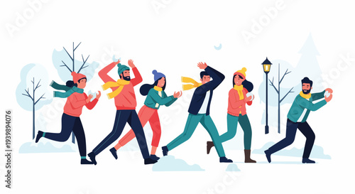 A group of people dancing and having fun in a winter scene with bare trees and a street lamp, wearing warm clothing in a colorful and lively illustration.