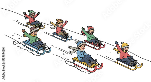 Cartoon illustration of people sledding down a snowy hill on colorful sleds in a joyful winter scene with a white background.