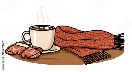 Warm winter still life of a steaming cup of coffee with cookies and a cozy red scarf on a wooden table against a clean white background.