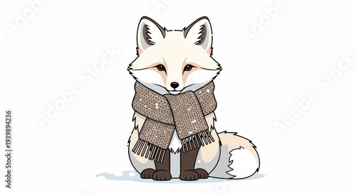 Illustration of a cute cartoon fox wearing a brown scarf and boots sitting on a snowy ground in a winter setting with a plain white background.