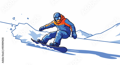 A snowboarder in a blue and orange snowsuit speeds down a snowy slope with a mountain range in the background during winter.