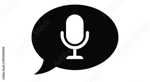 Black silhouette of a microphone inside a speech bubble icon