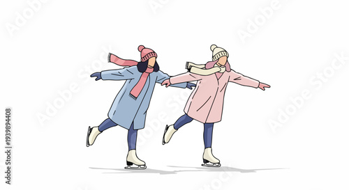 Two young women ice skating in winter clothing on a white background with a playful mood and pastel colors.