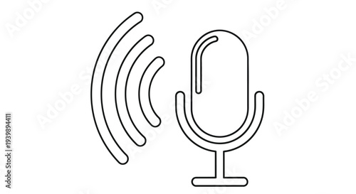 Line art illustration of a vintage microphone with sound waves emanating outwards