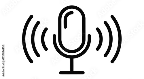 Simple black and white line drawing of a vintage style microphone with sound waves