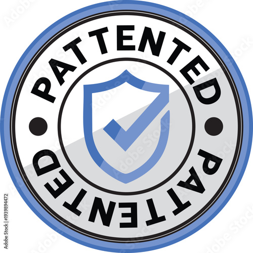Patented Product Badge Icon – Silver and Blue Shield Protection Symbol for Intellectual Property