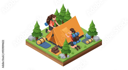 Vector illustration of girl scouts celebrating national girl scout day with camping activities in a forest