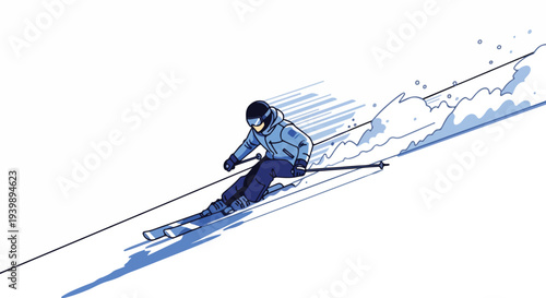 A skier in a blue snowsuit speeds down a snow-covered slope, kicking up snow with dynamic lines and motion blur conveying a sense of speed and energy in a cold winter environment.