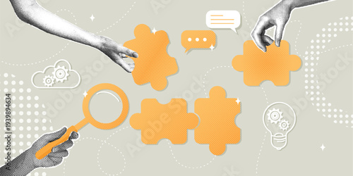 Team problem solving and idea generation. Trendy halftone collage. Concept of business strategy, teamwork, problem solving, research, and strategic planning.