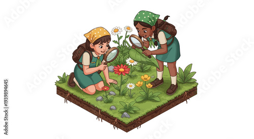 Two girl scouts in uniform examining plants and flowers on National Girl Scout Day with magnifying glasses.