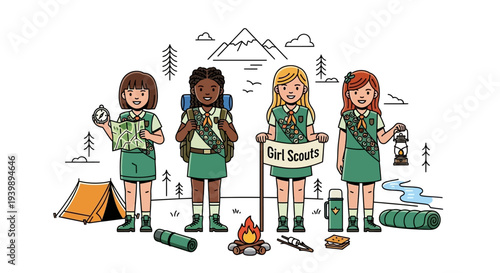 Four Girl Scouts in green uniforms stand around a campfire with a tent and mountains in the background on National Girl Scout Day.