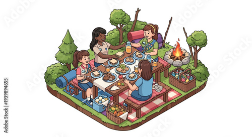 Illustration of Girl Scouts celebrating National Girl Scout Day with a picnic in a forest clearing.