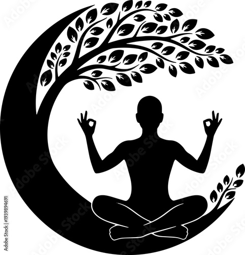 Silhouette of Person Meditating under Tree.