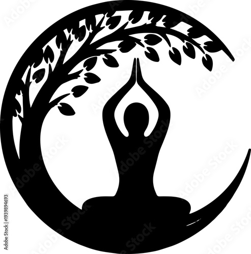 Silhouette of Person Meditating Under Tree.