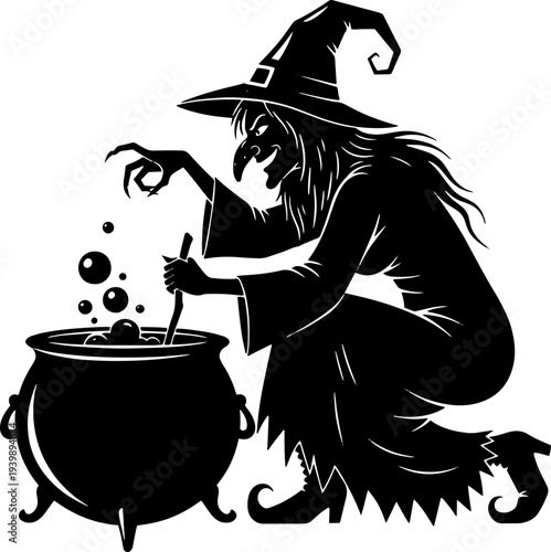 Witch Stirring Bubbling Cauldron Illustration.