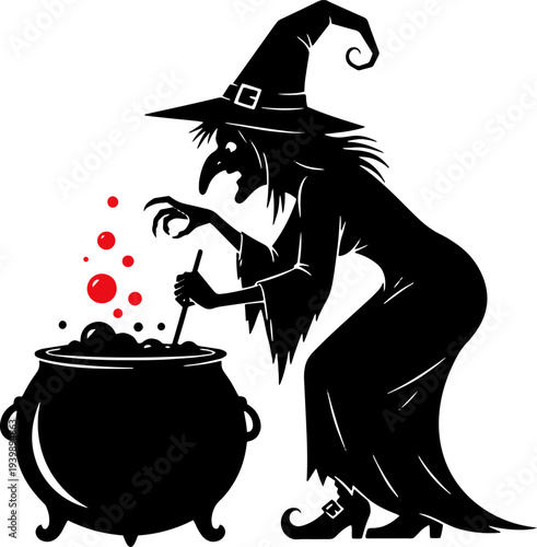 Witch Stirring Bubbling Cauldron with Magic Potion.
