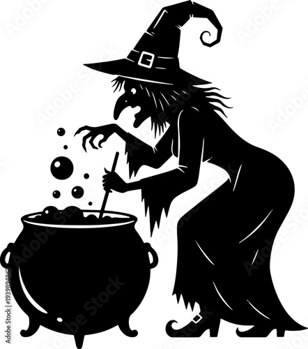 Witch Stirring Cauldron with Magic Potion.