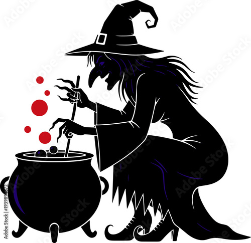 Witch Stirring Cauldron with Magic Potion.
